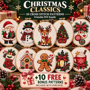 May include: A collection of ten circular embroidery hoops featuring cross stitch patterns of Christmas icons including Santa Claus, a snowman, a reindeer, a tree, ornaments, a stocking, a house, a gingerbread man, a lantern, and a mug.