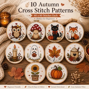 May include: Ten circular wooden embroidery hoops containing cross stitch patterns featuring an owl, mushroom, black cat, fox, candle, ghost, maple leaf, mug, sunflower, and pumpkin. The text reads 10 Autumn Cross Stitch Patterns.