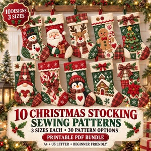 May include: Ten Christmas stockings featuring various holiday designs including a snowman, Santa, reindeer, gingerbread man, tree, gnome, candy canes, penguin, house, and poinsettia. Text reads 10 Christmas Stocking Sewing Patterns 3 Sizes Each.