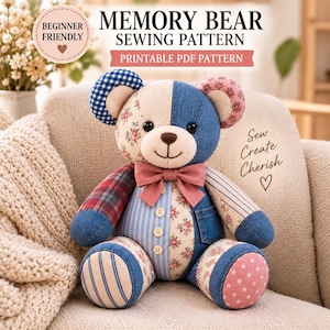 May include: A memory bear sewing pattern featuring a patchwork stuffed animal made from various fabrics including blue denim, blue and white gingham, pink floral print, red plaid, and pink polka dots, with a pink bow tie and three buttons.