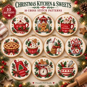 May include: A collection of 10 circular cross stitch patterns titled Christmas Kitchen & Sweets. The designs feature festive motifs including a teapot, gingerbread cookies, a mug, a pie, a cupcake, milk and cookies, candy canes, a mitten, a scale, and a bowl.