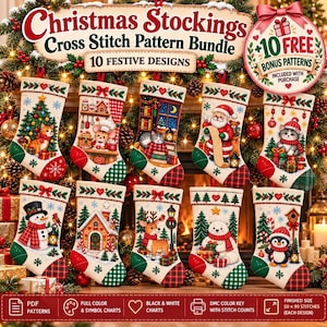Könnte beinhalten: Eine digitale Sammlung von zehn Kreuzstichmustern für Weihnachtsstrümpfe mit festlichen Motiven wie Katze, Maus, Weihnachtsmann, Schneemann und Rentier. Das Bild enthält Textbeschriftungen für PDF-Muster, Farbtabellen und Stichzählungen.