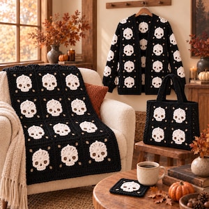 May include: A black crochet cardigan, a matching black crochet throw blanket, a black crochet tote bag, and a black crochet coaster, all featuring a repeating white skull motif made from square granny squares with a consistent yarn texture.
