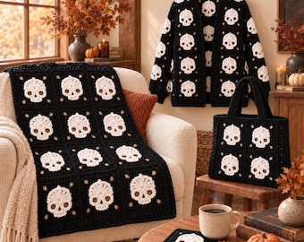 May include: A black crochet cardigan, a matching black crochet throw blanket, a black crochet tote bag, and a black crochet coaster, all featuring a repeating white skull motif made from square granny squares with a consistent yarn texture.