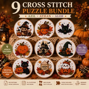 May include: A 9 cross stitch puzzle bundle featuring autumn-themed designs in wooden hoops. Patterns include an owl, acorn, bat, pumpkin, haunted house, witch hat, black cat, warm cozy mug, and ghost. Text reads 9 CROSS STITCH PUZZLE BUNDLE.