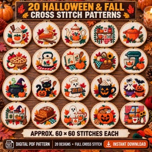 Könnte beinhalten: Eine Sammlung von 20 Halloween- und Herbst-Kreuzstichmustern in runden Holzrahmen. Die Motive zeigen Kürbisse, Geister, Herbstblätter, Backwaren und saisonale Getränke. Der Text oben lautet 20 HALLOWEEN & FALL CROSS STITCH PATTERNS.