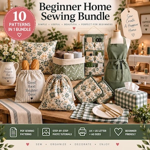 May include: A beginner home sewing bundle featuring 10 patterns including a floral pillow, a green storage basket, a wall organizer, a solid green apron, two drawstring bags with text, two quilted pot holders, and a green gingham tissue box cover.