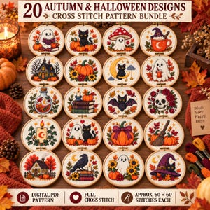 May include: A collection of 20 circular cross stitch patterns featuring autumn and Halloween themes, including ghosts, black cats, pumpkins, mushrooms, and skulls. The text reads 20 AUTUMN & HALLOWEEN DESIGNS CROSS STITCH PATTERN BUNDLE.