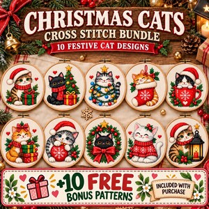 Pode incluir: Um conjunto de ponto cruz com 10 designs festivos de gatos em bastidores de madeira. Cada bastidor mostra um gato com elementos natalinos como gorros, árvores, meias e presentes. O texto diz CHRISTMAS CATS CROSS STITCH BUNDLE.