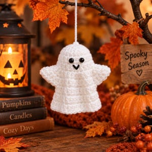 May include: A white crocheted ghost ornament featuring two small black circular eyes and a black stitched V-shaped mouth. The ghost is suspended by a white string and has a textured, soft yarn appearance with a rounded head and outstretched arms.