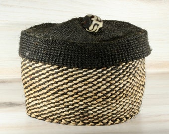 African Primitive Vintage Soft Reed Storage Basket Black and Tan Reed Basket Black and Ivory Accent Bead Button Tribal Basket Collectible