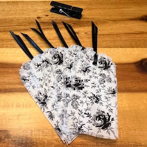 Six Fabric Tags - Feminine Black and White Floral Hand-Cut & Frayed Fabric Tags - Junk Journal Scrapbook Diary Fabric Hang Tags - Gift Tag