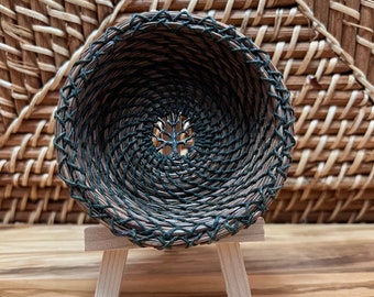 Small Handmade Northwest Pine Needle Basket, Metal Tree Of Life Center, Primitive Rustic Home Decor Art, Handmade Basket Art, Basket Bowl
