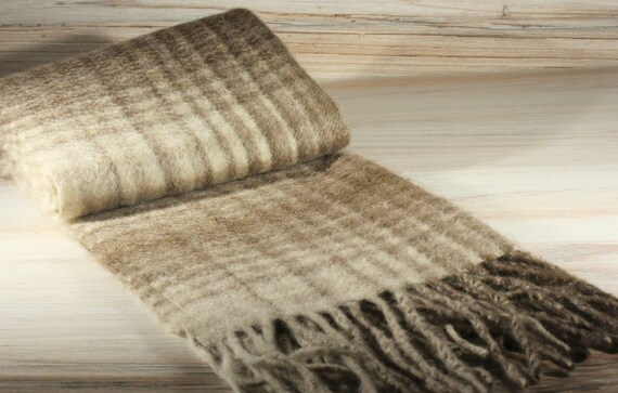Vintage Cashmere Plaid Brown Ivory Beige Wool Neck