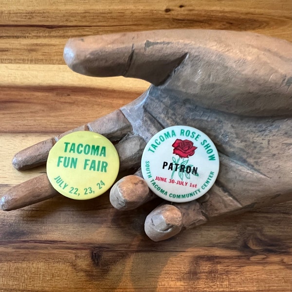 Vintage Tacoma WA Festival Coat Lapel Pin, Pacific Northwest Pin Collection, Springtime Flower Festival, Pinback Tacoma Rose Show & Fun Fair