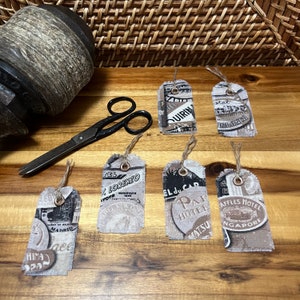 Six Fabric Tags - Vintage Inspired Hotel Travel Hand-Cut & Frayed Fabric Tags - Junk Journal Scrapbook Diary Fabric Art Hang Tags - Gift Tag