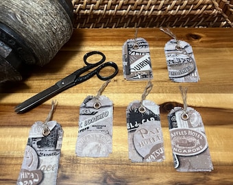 Six Fabric Tags - Vintage Inspired Hotel Travel Hand-Cut & Frayed Fabric Tags - Junk Journal Scrapbook Diary Fabric Art Hang Tags - Gift Tag