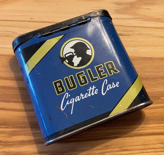 cigarette with blue stripe Bugler Cigarette Case - Smoking Tobacco - Empty Vintage Tobacco Tin - Blue  and Black Tobacco Tin Container - Old Tobacciana Cigarette Case