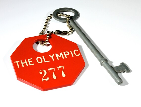 Gunmetal Grey Vintage Skelton Key The Olympic Hotel Room Plastic Red Room Tag Vacation Hotel Room Tag Room Key Tag
