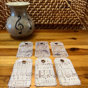 Six Fabric Tags - Vintage Inspired Music Notes, Hand-Cut Frayed Fabric Tags - Junk Journal Scrapbook Diary Art Fabric Hang Tags - Gift Tag