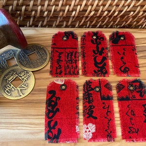Six Fabric Tags - Asian Inspired Hand-Cut and Frayed Fabric Tags - Junk Journal Scrapbook Diary Fabric Art Mixed Media Hang Tags - Gift Tag