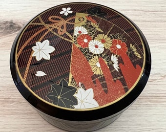 Small Round Decorative Black Lacquered Japanese Storage Stash Box, Vintage Japanese Collectible, Asian Home Decor Box Container, Home Decor