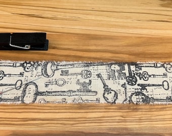 Old Keys - Vintage Inspired Hand-Stamped Tea Dyed & Frayed Muslin Trim Around A Wooden Clothespin - Junk Journal Fabric Art Mixed Media Trim