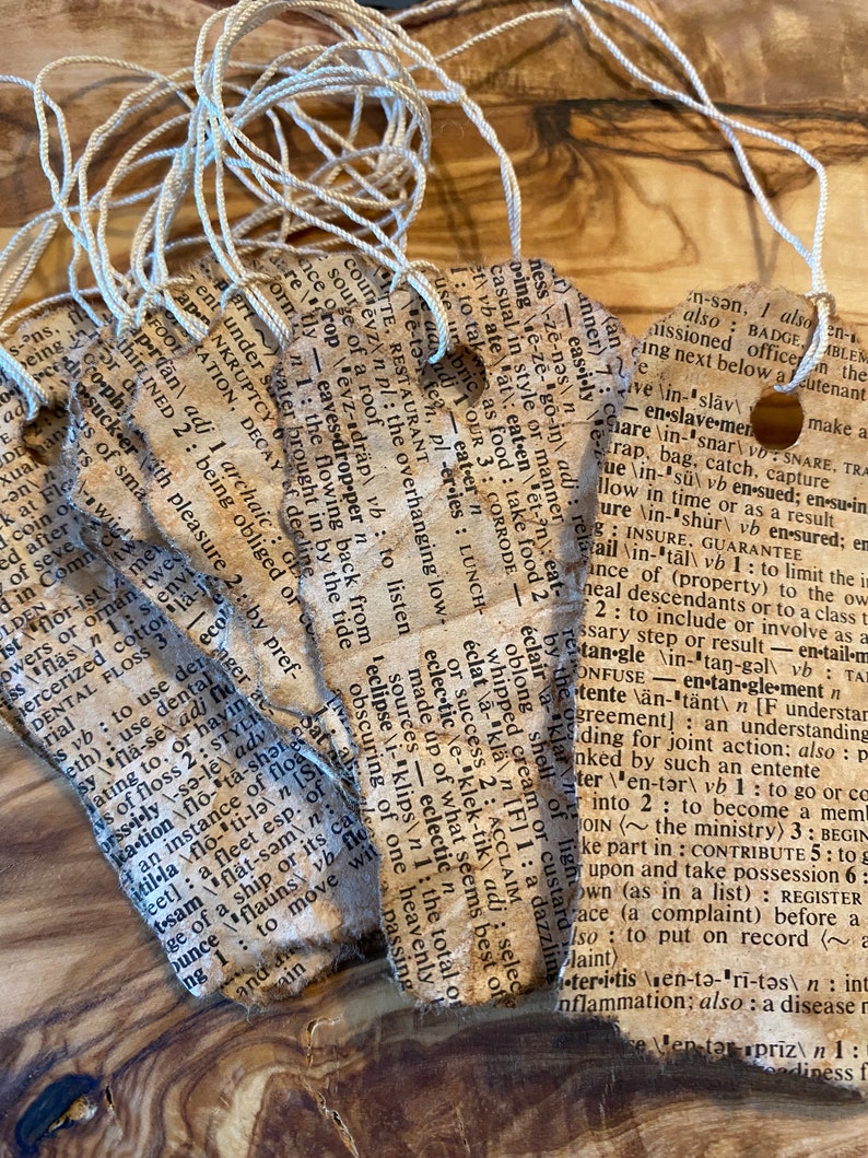 Coffee Stained Hand-Torn Tags, Vintage Dictionary Pages Turned Into Hang Tags, Scrapbooking Junk Journal Diary Tags, Mixed Media Paper Tags image 1