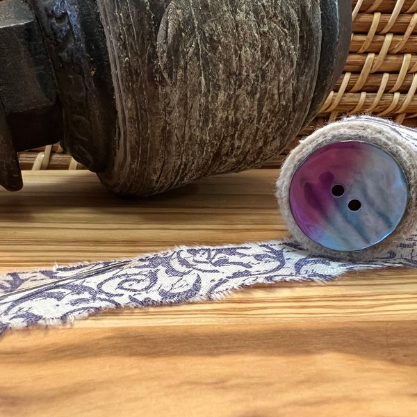 Purple Vines - Vintage Inspired Hand-Stamped Tea Dyed and Frayed Muslin Trim Around A Charming Old Wooden Spool, Mixed Media Craft Art Trim