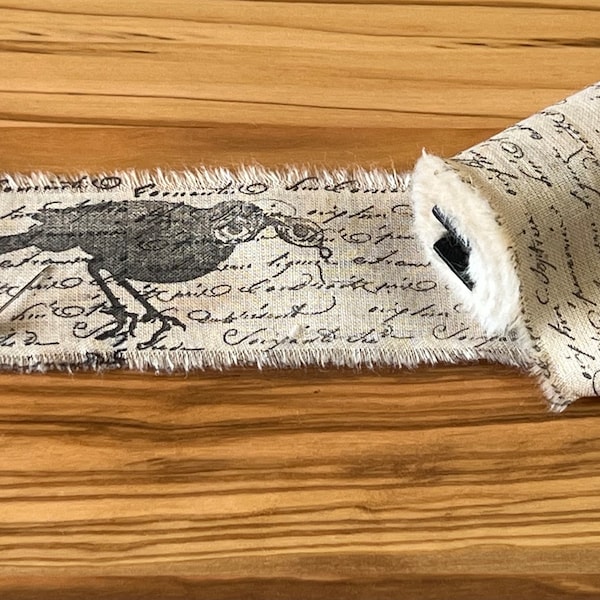 Wise Old Crow - Vintage Inspired Hand-Stamped Tea Dyed and Frayed Muslin Trim Around A Vintage Wooden Spool Stamped Journal Fabric Art Trim