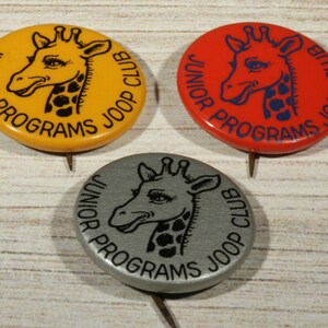 Vintage 1940&#39;s Junior Programs Joop Club Pin Collection - Pinback - Yellow Red Silver Giraffe Joop Club Lapel Pinback -  Badges Novelties