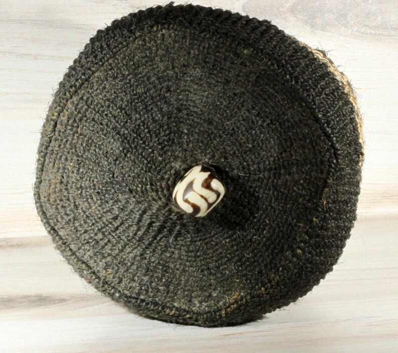 African Primitive Vintage Soft Reed Storage Basket Black and Tan Reed Basket Black and Ivory Accent Bead Button Tribal Basket Collectible