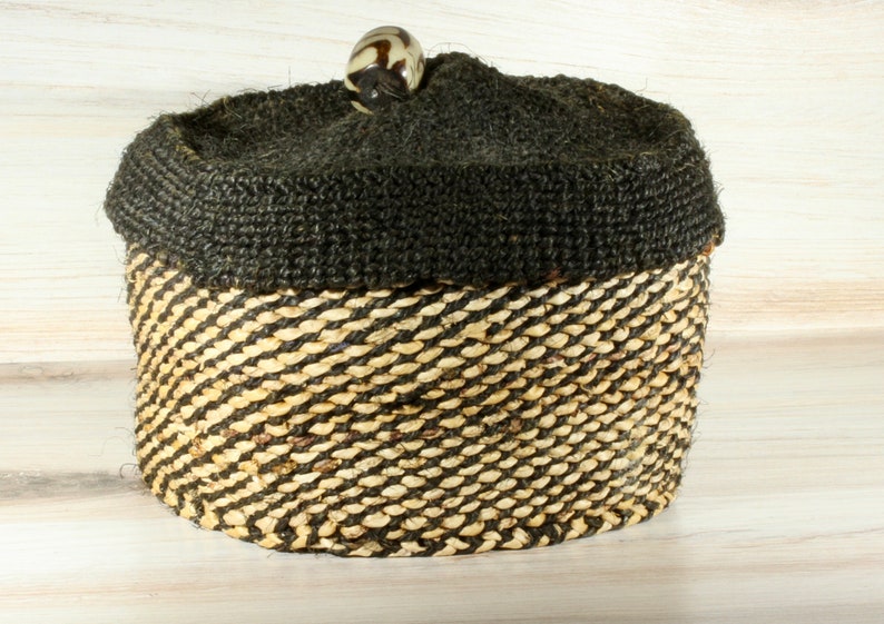 African Primitive Vintage Soft Reed Storage Basket Black and Tan Reed Basket Black and Ivory Accent Bead Button Tribal Basket Collectible