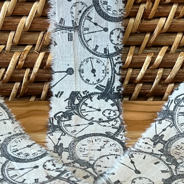 A Place In Time  - Vintage Inspired Hand-Stamped Tea-Dyed and Frayed Muslin Trim Around A Wooden Clothespin - Junk Journal Craft Sewing Trim