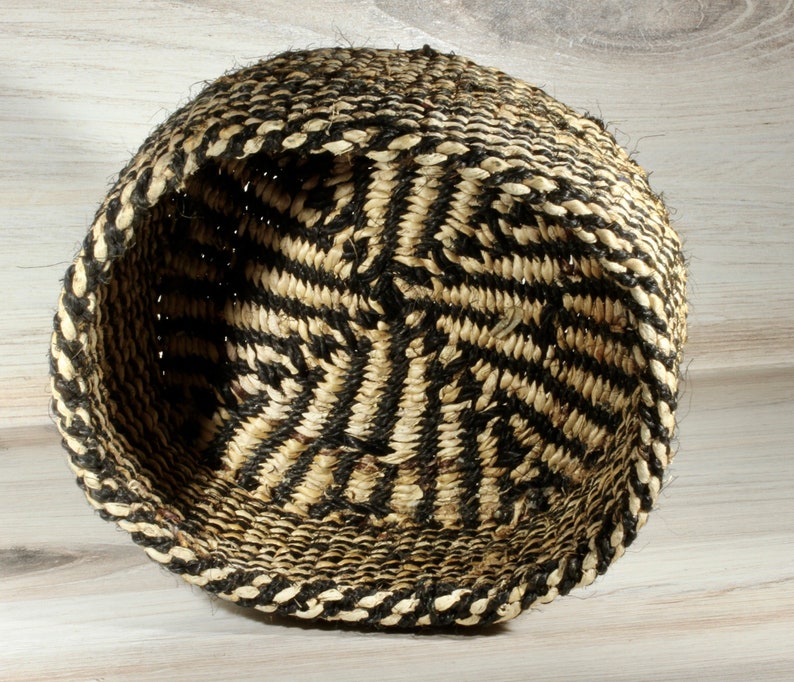 African Primitive Vintage Soft Reed Storage Basket Black and Tan Reed Basket Black and Ivory Accent Bead Button Tribal Basket Collectible