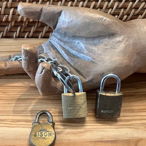 Three Miniature Vintage Trunk Chest Padlocks, Suitcase Lock, Lock, Craft Steampunk Lock, Bison Padlock, Hampton Padlock, National Padlock