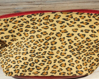 Small Vintage Red Leather Cheetah Print Zippered Bag - Accessories Cosmetic Everything Pouch - Red Leather Case - Handbags Purse Clutch Bag