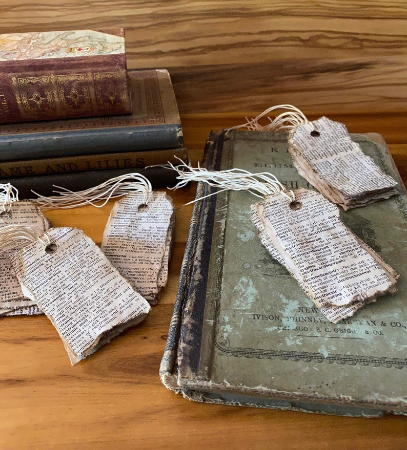 Coffee Stained Hand-Torn Tags, Vintage Dictionary Pages Turned Into Hang Tags, Scrapbooking Junk Journal Diary Tags, Mixed Media Paper Tags image 6