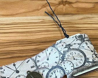 Tick Tock - Vintage Inspired Hand-Stamped Tea-Dyed & Frayed Muslin Trim Around A Wooden Tag - Junk Journal Craft Sewing Journal Diary Trim