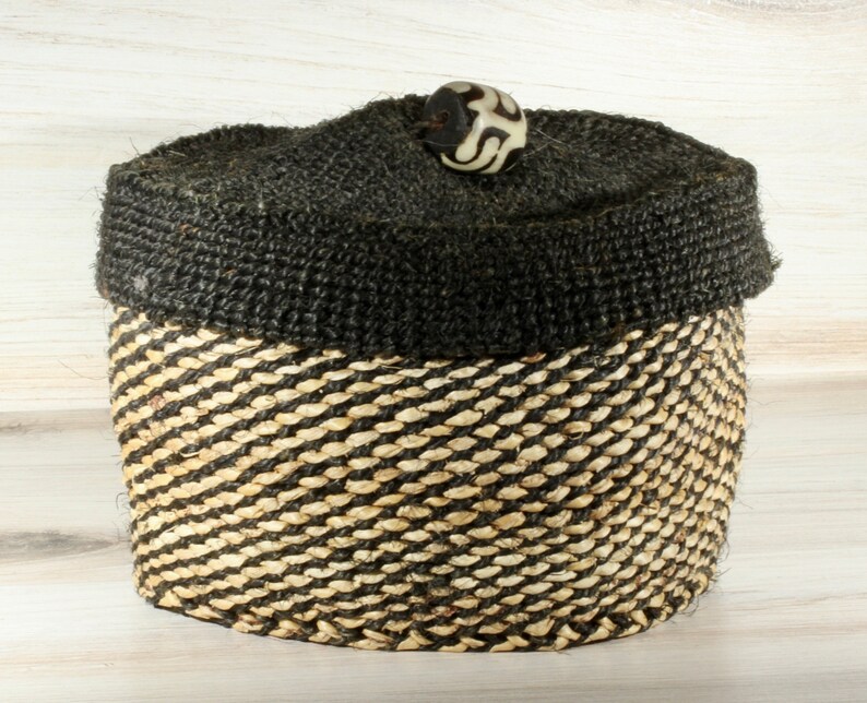African Primitive Vintage Soft Reed Storage Basket Black and Tan Reed Basket Black and Ivory Accent Bead Button Tribal Basket Collectible
