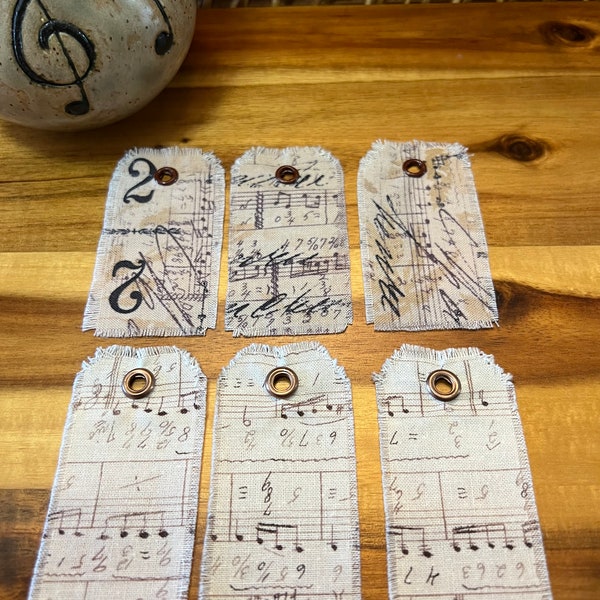 Six Fabric Tags - Vintage Inspired Music Notes, Hand-Cut Frayed Fabric Tags - Junk Journal Scrapbook Diary Art Fabric Hang Tags - Gift Tag