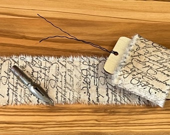 A Scribe's Letter - Vintage Inspired Hand-Stamped Tea Dyed Frayed Muslin Trim Around A Wooden Tag, Mixed Media Junk Journal Fabric Art Trim