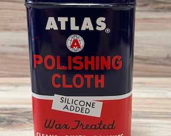 Vintage 1960's Atlas Polishing Cloth Tin, Automotive Garage Shop Decor, Man Cave Decor, Guy's Gifts, Guy's Stuff, Storage Tin, Old Cars