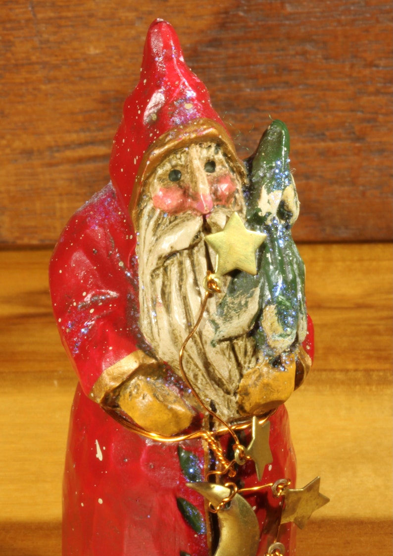 Whimsical Kris Kringle Santa Claus Old St Nick Gold Moon and Stars Accents Figurine Knick-Knack Christmas Holiday Decor Resin Santa Claus
