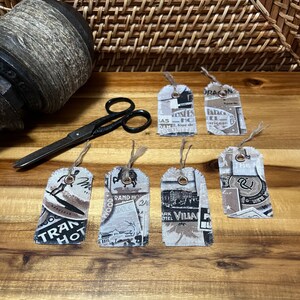 Six Fabric Tags - Vintage Inspired Hotel Travel Hand-Cut & Frayed Fabric Tags - Junk Journal Scrapbook Diary Fabric Art Hang Tags - Gift Tag