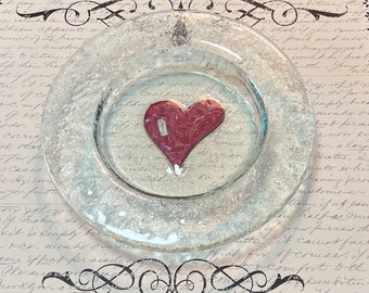 Vintage Chunky Red Heart Rain Glass Dish, Small Heart Dish, Home Decor Glass Art, Gift For Her, Jewelry Dish, Small Soap Dish, Candy Dish