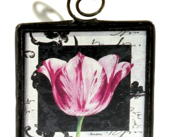 Handmade Two-Sided Lead and Glass Floral Necklace Charm Pendant - Floral Glass Tag Glass Ornament - Pink Tulip Glass Art Tile Charm
