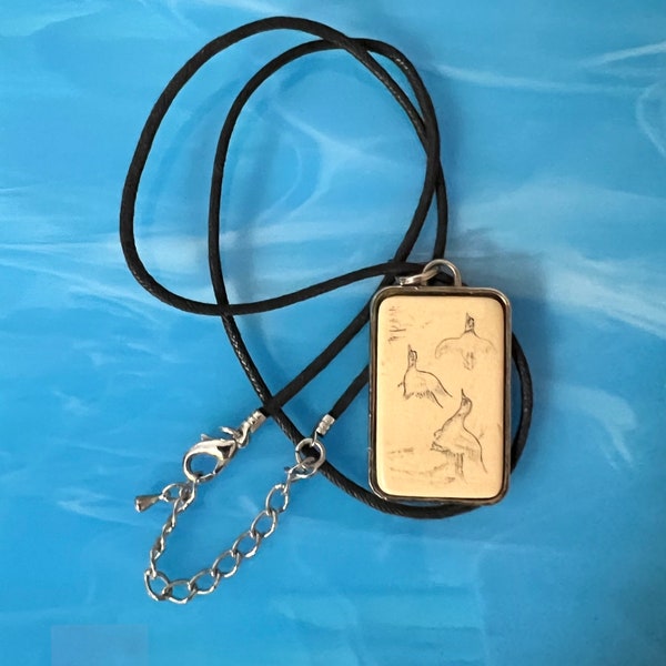 Vintage Etched Bird Duck Fowl Scrimshaw Pendant, Black Cord With Extender & Silver Lobster Clasp Necklace, Carved Duck Scrimshaw Necklace
