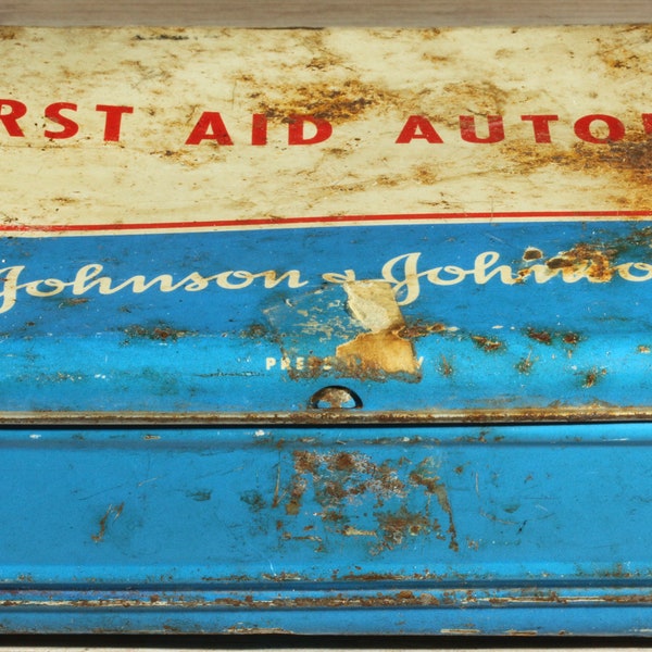 Johnson and Johnson Auto Kit First Aid Metal Storage Box - Old Vintage Drug Store Pharmacy Medical First Aid Red Cross White Cross Bandage