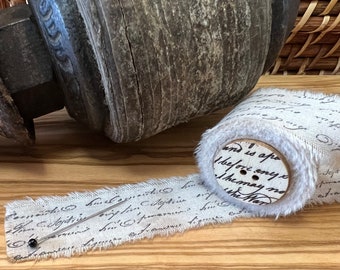 Vintage Script - Vintage Inspired Hand-Stamped Tea Dyed & Frayed Muslin Trim Around A Vintage Wooden Spool, Junk Journal Fabric Art Trim